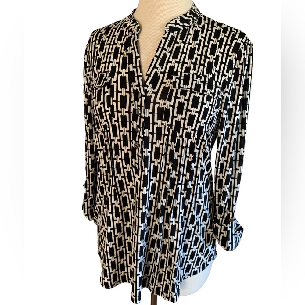 COCOMO XL Black White 3/4 sleeve women’s Pintuck Blouse tunic top shirt - Picture 2 of 15